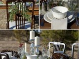 a rustic winter wedding tablescape done with plaid, pinecones, evergreens, metallics and neutral candles