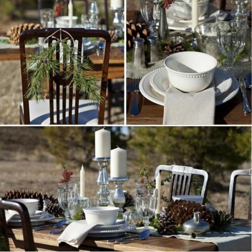 a rustic winter wedding tablescape done with plaid, pinecones, evergreens, metallics and neutral candles