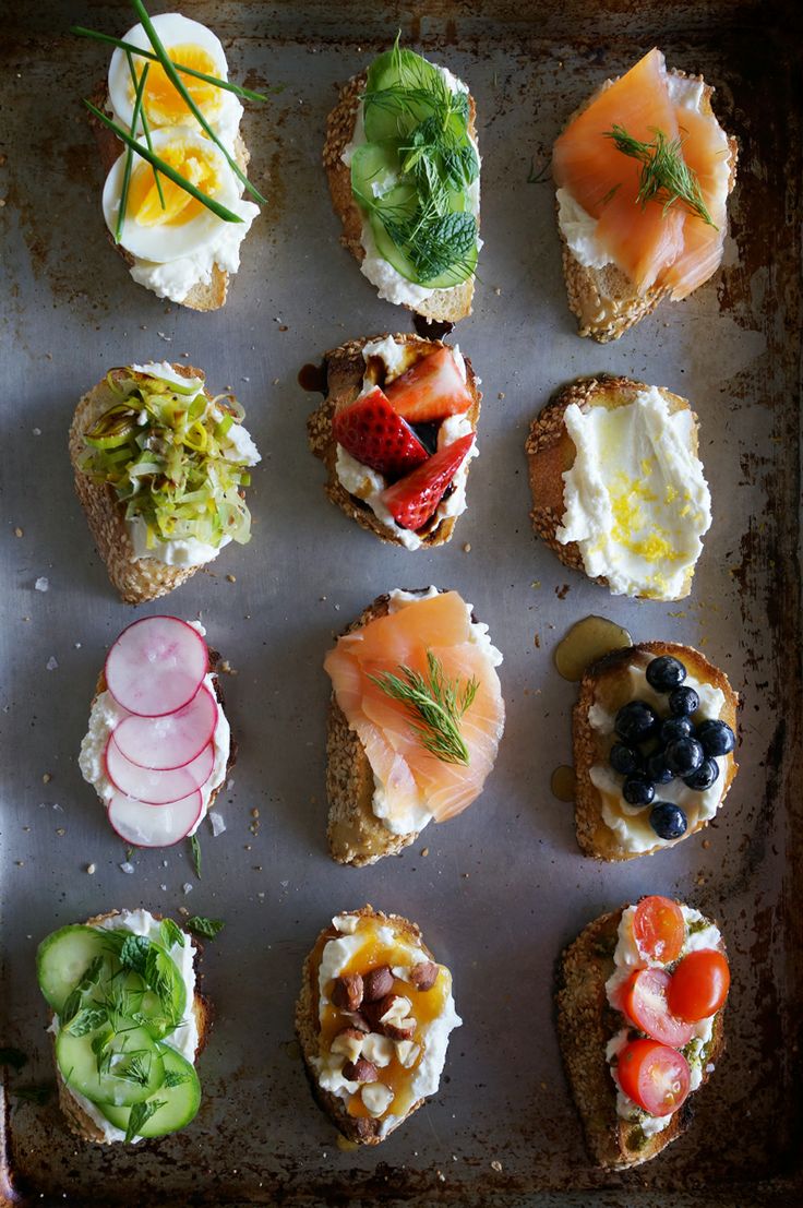 Mini sandwiches with various fruits, berries, veggies, eggs and toppings are always a great idea