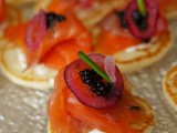 mini pancakes topped with salmon, leek and caviar are really delicious and amazing for any kind of wedding
