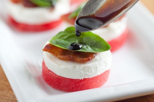 a fresh take on Caprese salad - watermelon, cheese, some herbs and balsamic