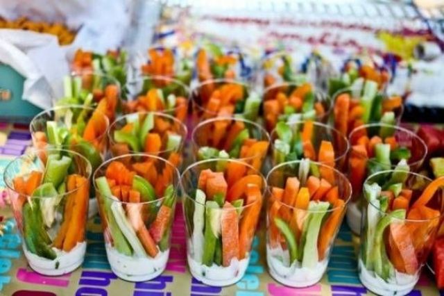 fresh veggies with dip in cups are a timeless idea for a vegan wedding, and will do for many other weddings, too