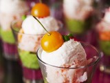 cups with dip, sauce, fresh veggies and ice cream plus a cherry on top is a very cool and tasty idea
