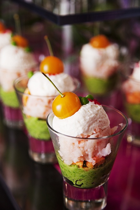 cups with dip, sauce, fresh veggies and ice cream plus a cherry on top is a very cool and tasty idea
