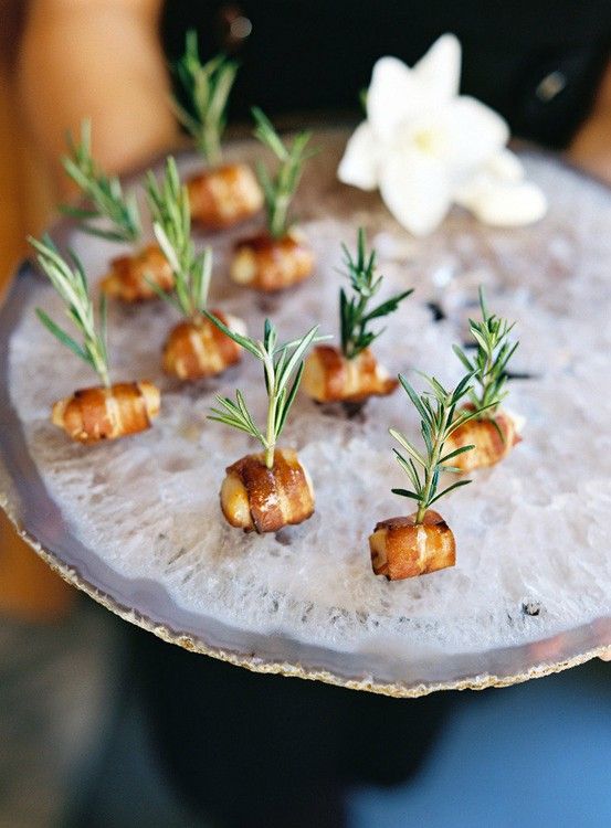Chicken wrapped with bacon and with fresh herbs are tiny and hearty bites for any wedding